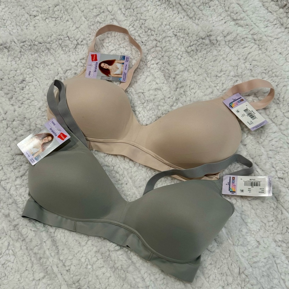 Hanes Easy Comfort Wirefree Pullover Silver Bralette Bras - Set of 2 NWT!